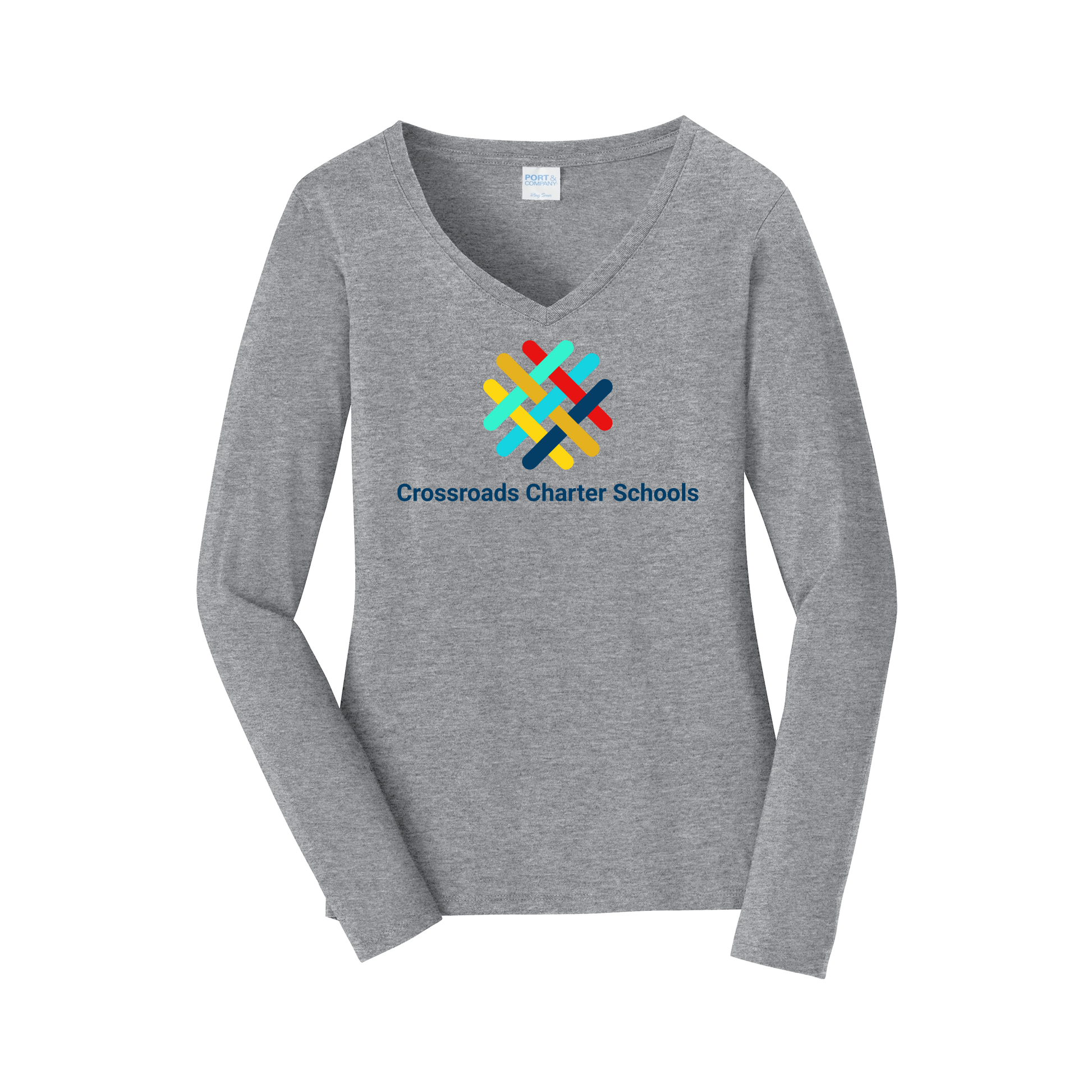 crossroadsschoolskc-womens-long-sleeve-v-neck-dtf-front-LPC450VLS-athleticheather-flat-front