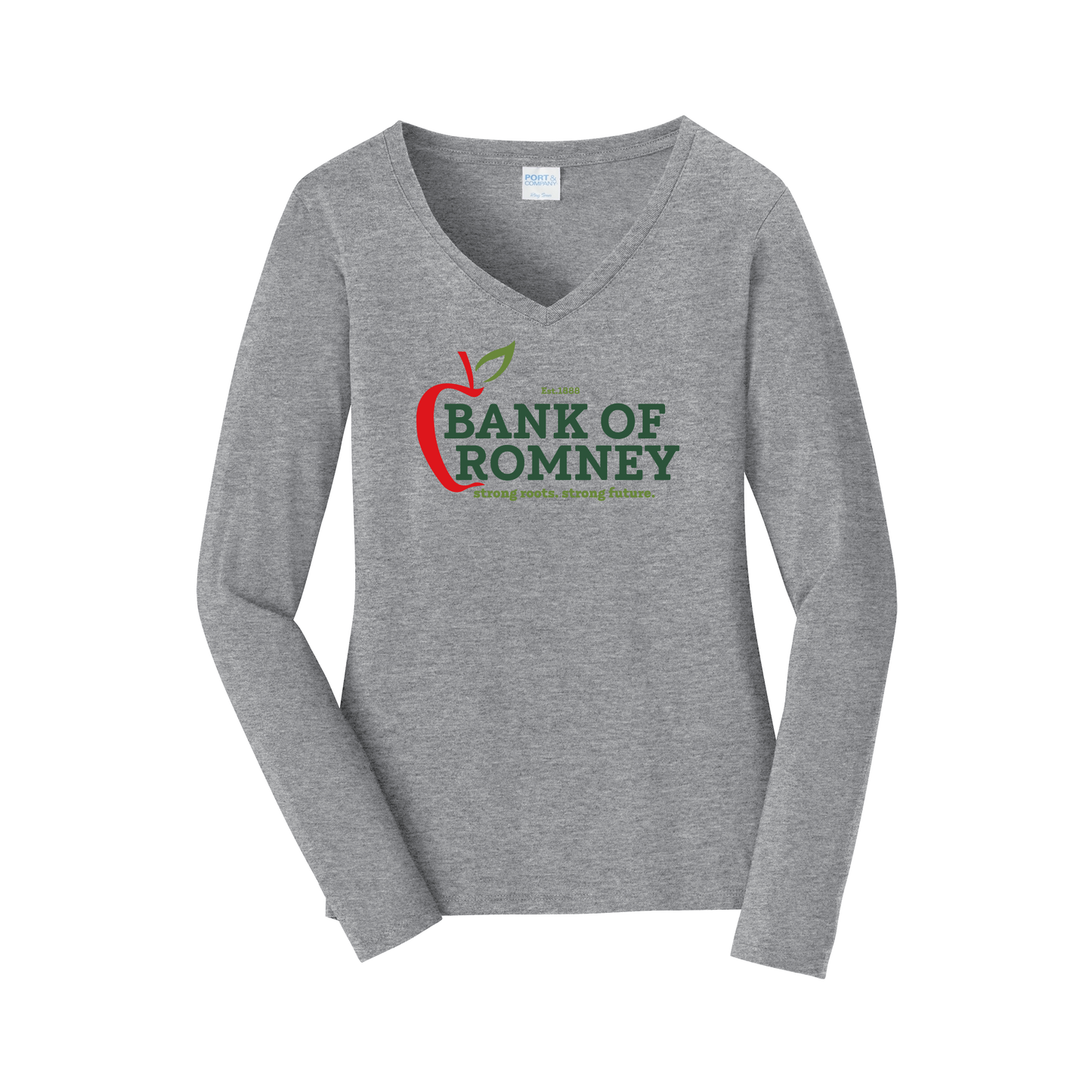 bankofromney-womens-long-sleeve-v-neck-dtf-front-LPC450VLS-athleticheather-flat-front