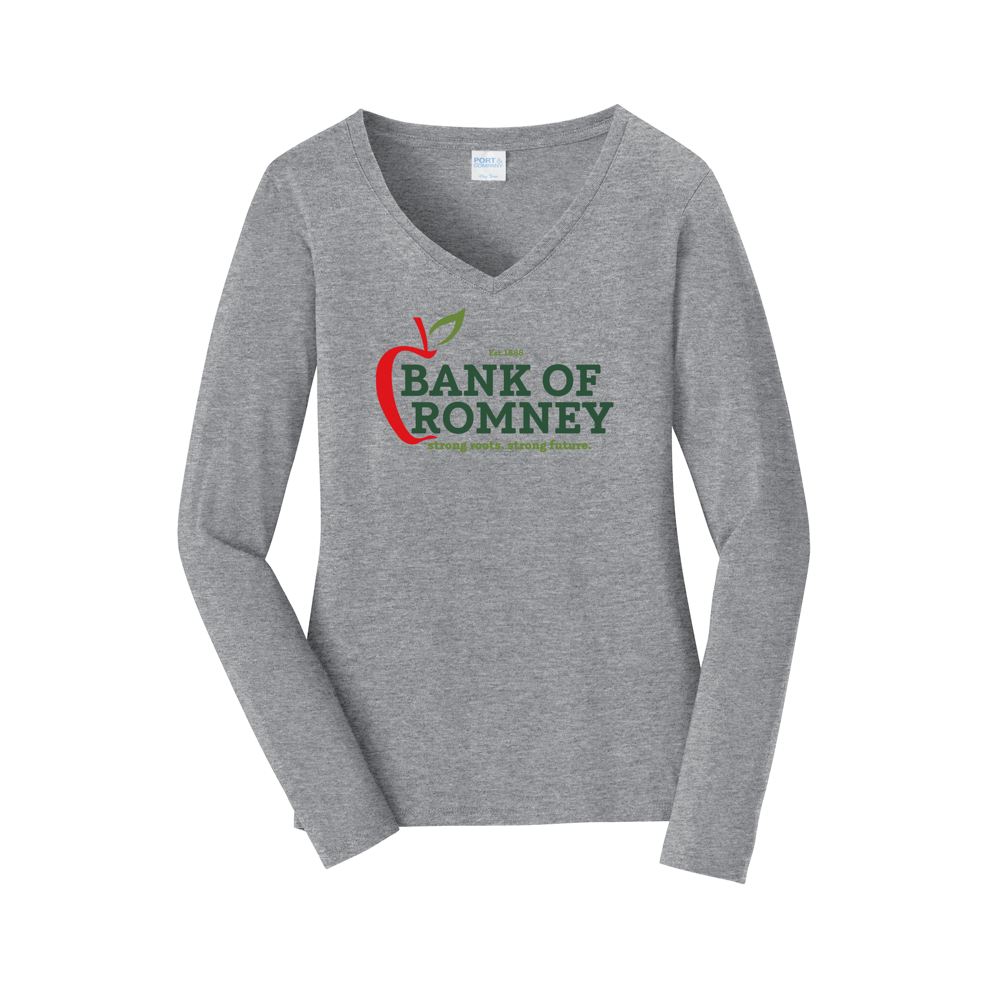 bankofromney-womens-long-sleeve-v-neck-dtf-front-LPC450VLS-athleticheather-flat-front