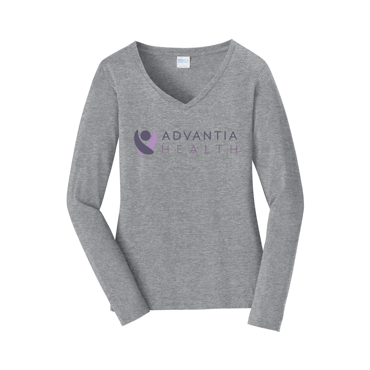 advantiahealth-womens-long-sleeve-v-neck-dtf-front-LPC450VLS-athleticheather-flat-front