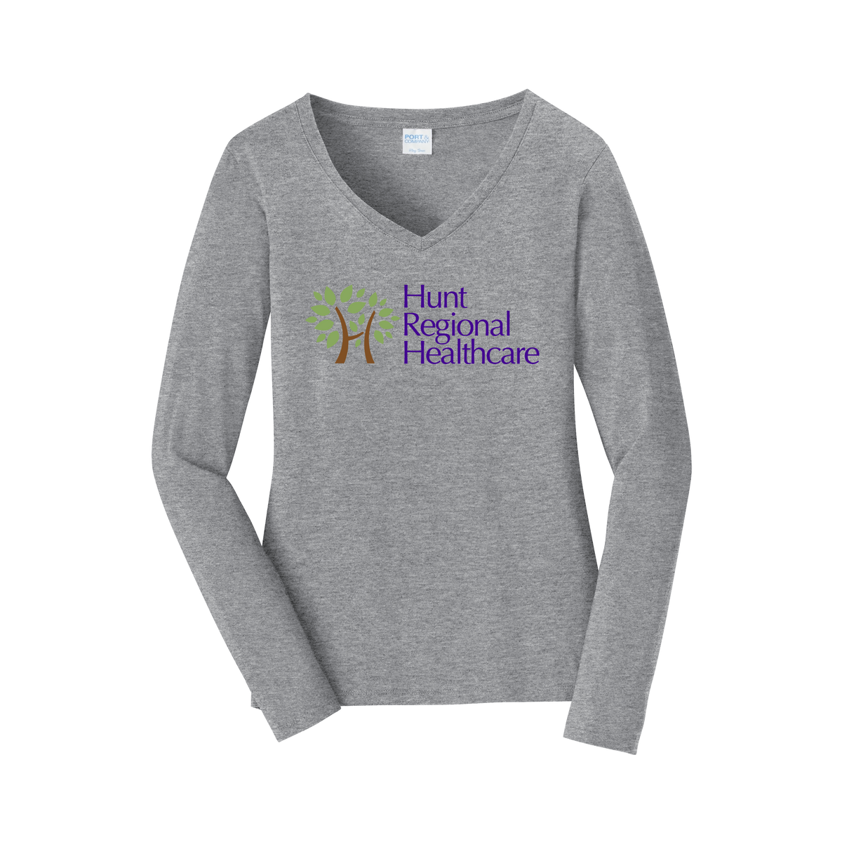 huntregional-womens-long-sleeve-v-neck-dtf-front-LPC450VLS-athleticheather-flat-front