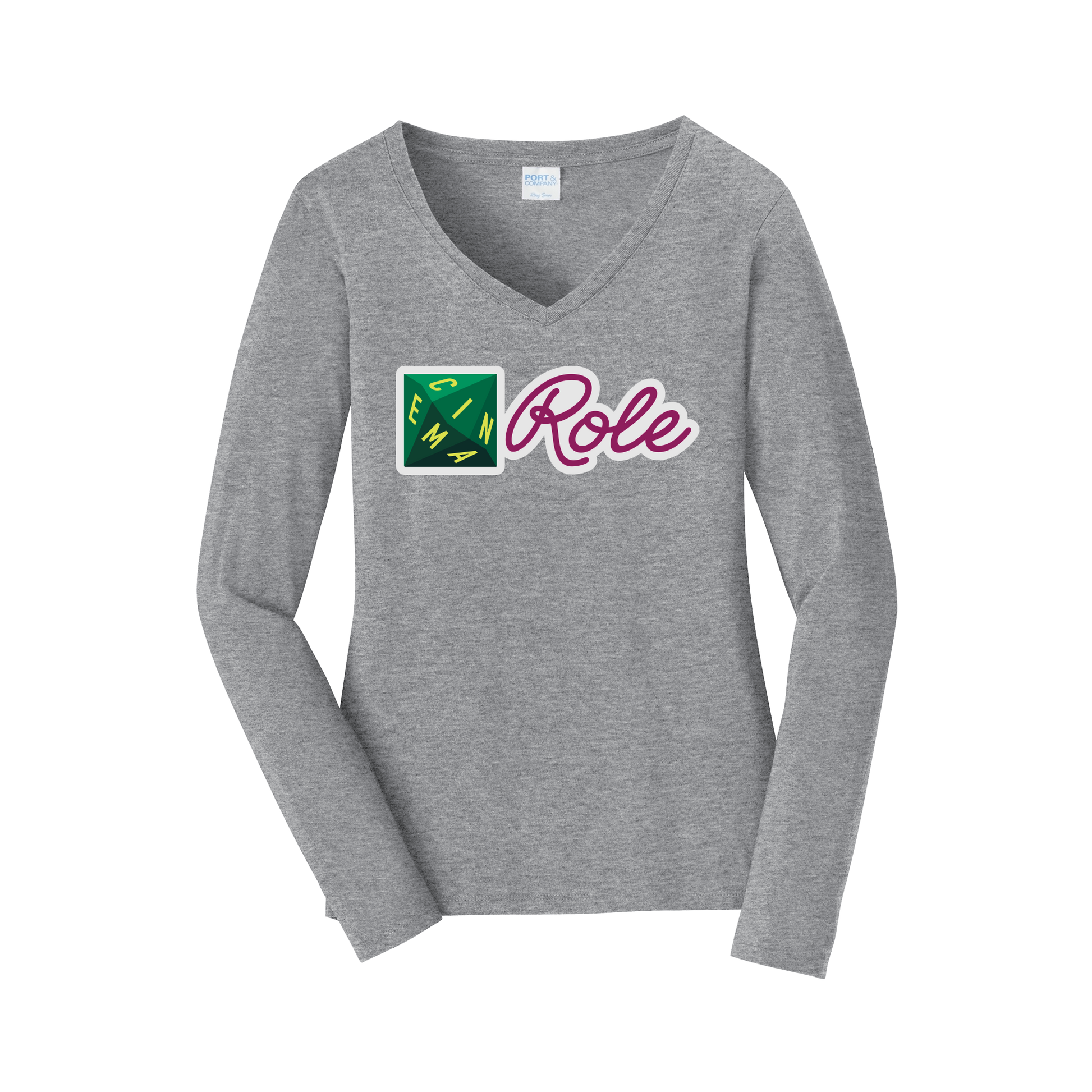 cinemarole-womens-long-sleeve-v-neck-dtf-front-LPC450VLS-athleticheather-flat-front