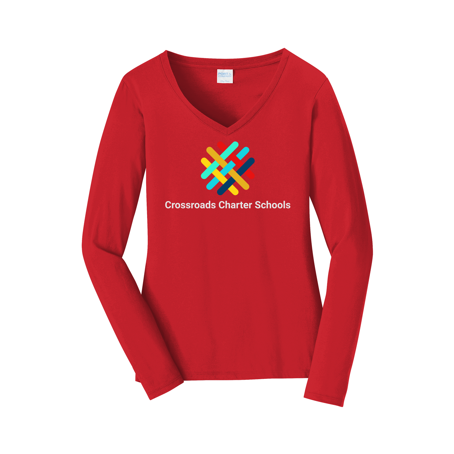 crossroadsschoolskc-womens-long-sleeve-v-neck-dtf-front-LPC450VLS-brightred-flat-front