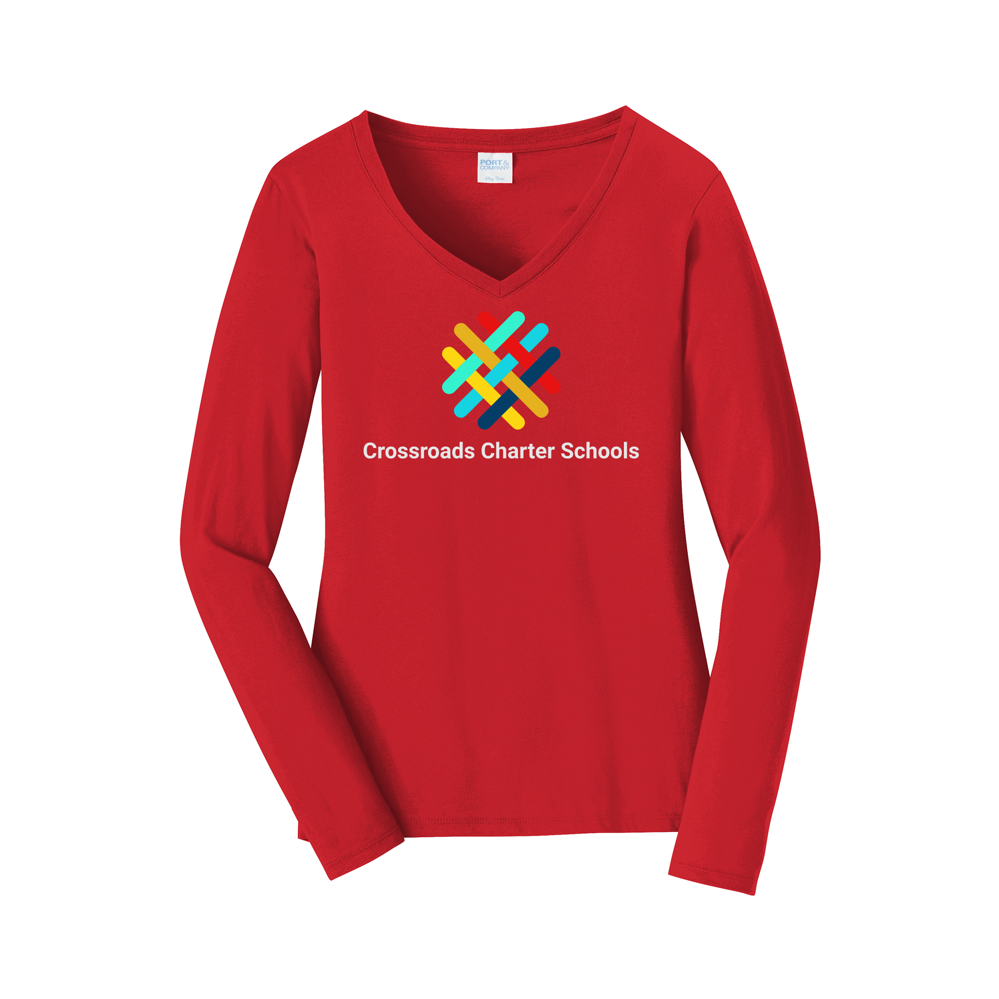 crossroadsschoolskc-womens-long-sleeve-v-neck-dtf-front-LPC450VLS-brightred-flat-front