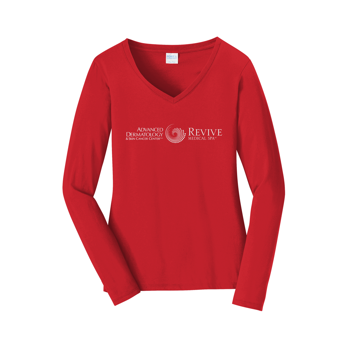 advancedskinmd-womens-long-sleeve-v-neck-dtf-front-LPC450VLS-brightred-flat-front