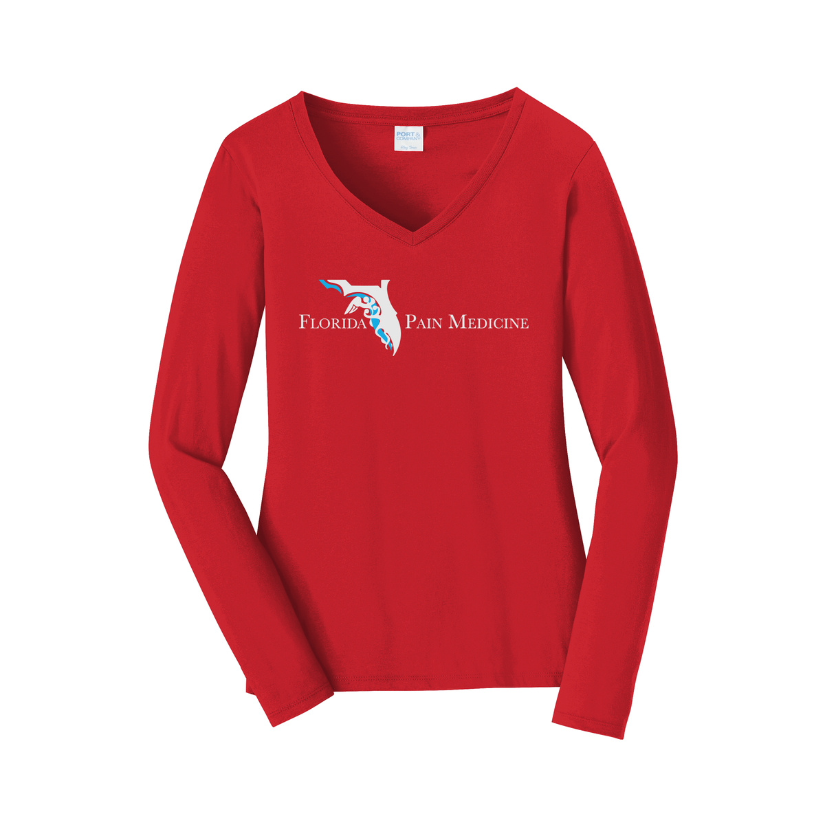 floridapainmedicine-womens-long-sleeve-v-neck-dtf-front-LPC450VLS-brightred-flat-front