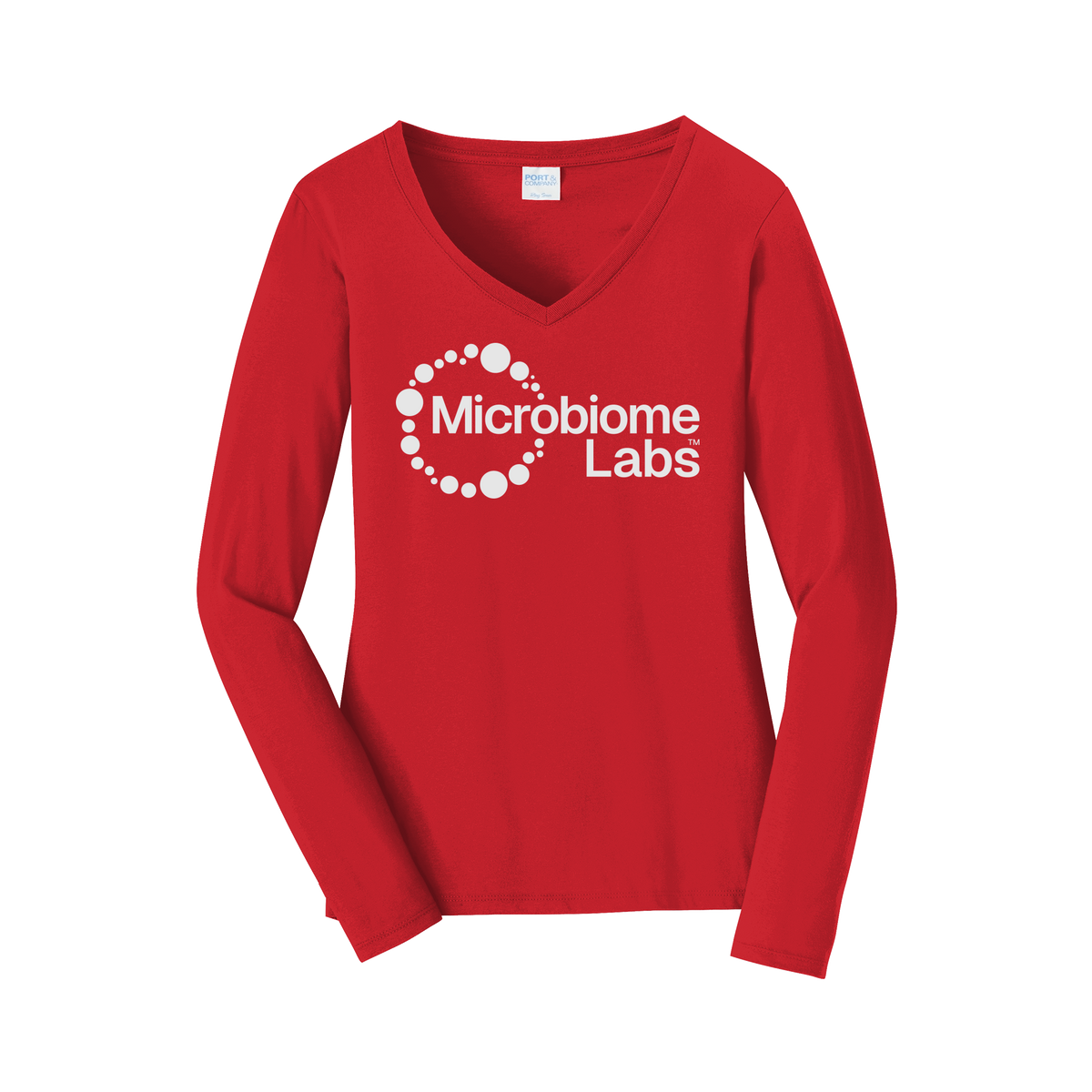 microbiomelabs-womens-long-sleeve-v-neck-dtf-front-LPC450VLS-brightred-flat-front