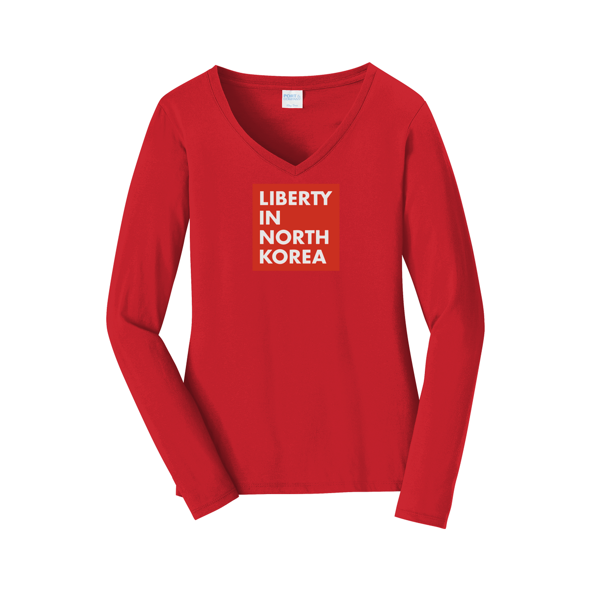 libertyinnorthkorea-womens-long-sleeve-v-neck-dtf-front-LPC450VLS-brightred-flat-front