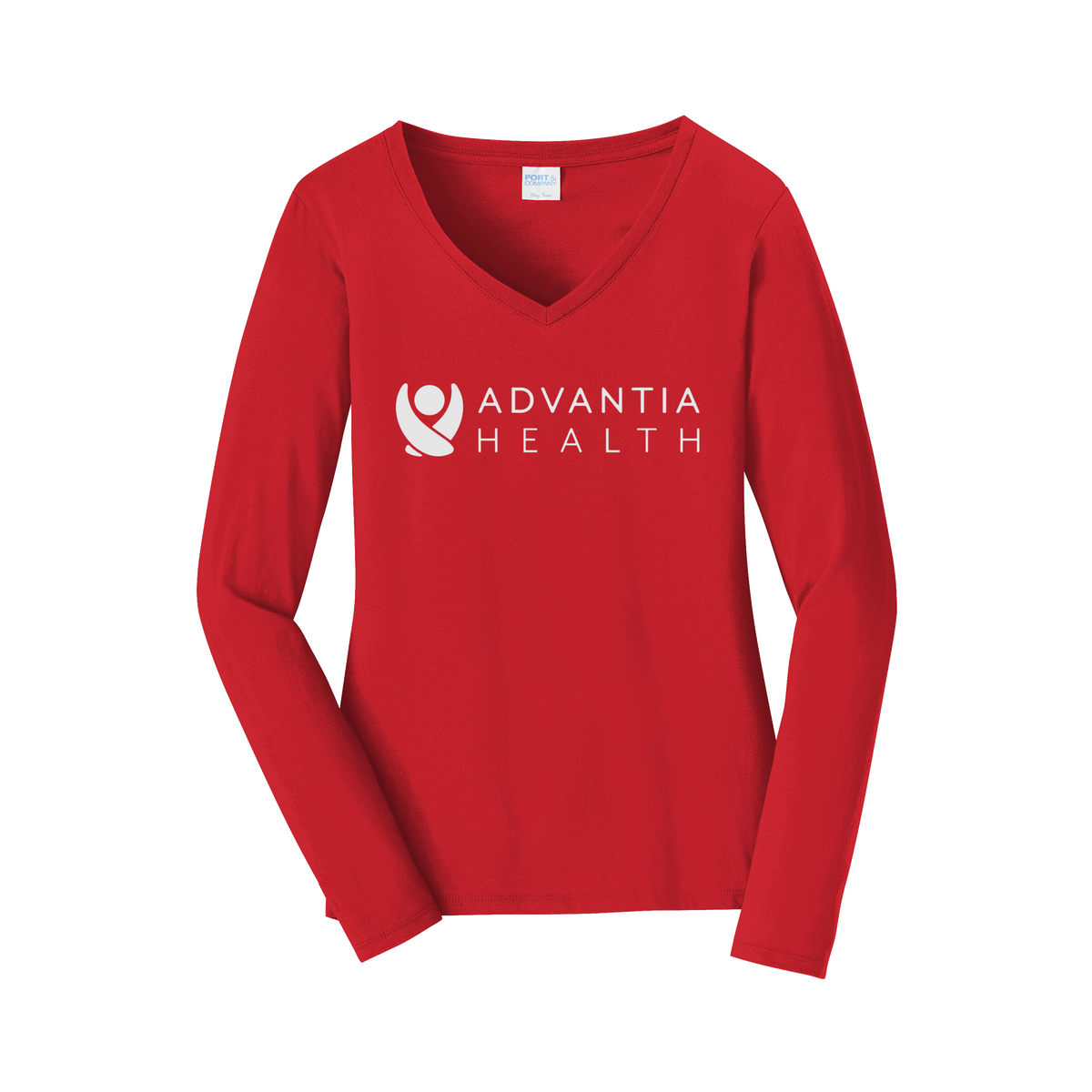 advantiahealth-womens-long-sleeve-v-neck-dtf-front-LPC450VLS-brightred-flat-front