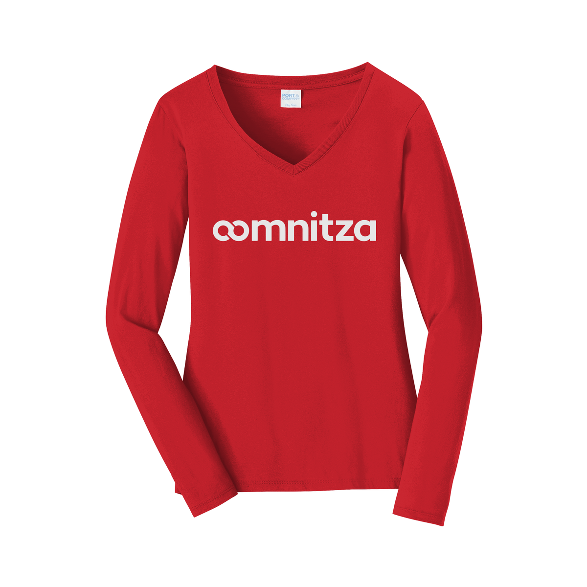 oomnitza-womens-long-sleeve-v-neck-dtf-front-LPC450VLS-brightred-flat-front