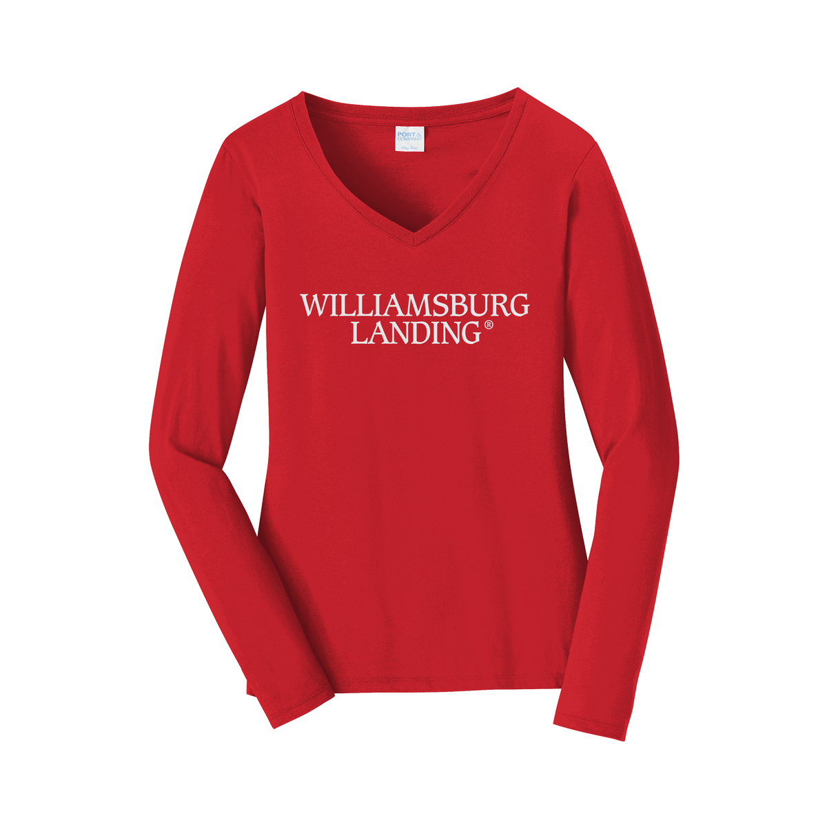 williamsburglanding-womens-long-sleeve-v-neck-dtf-front-LPC450VLS-brightred-flat-front