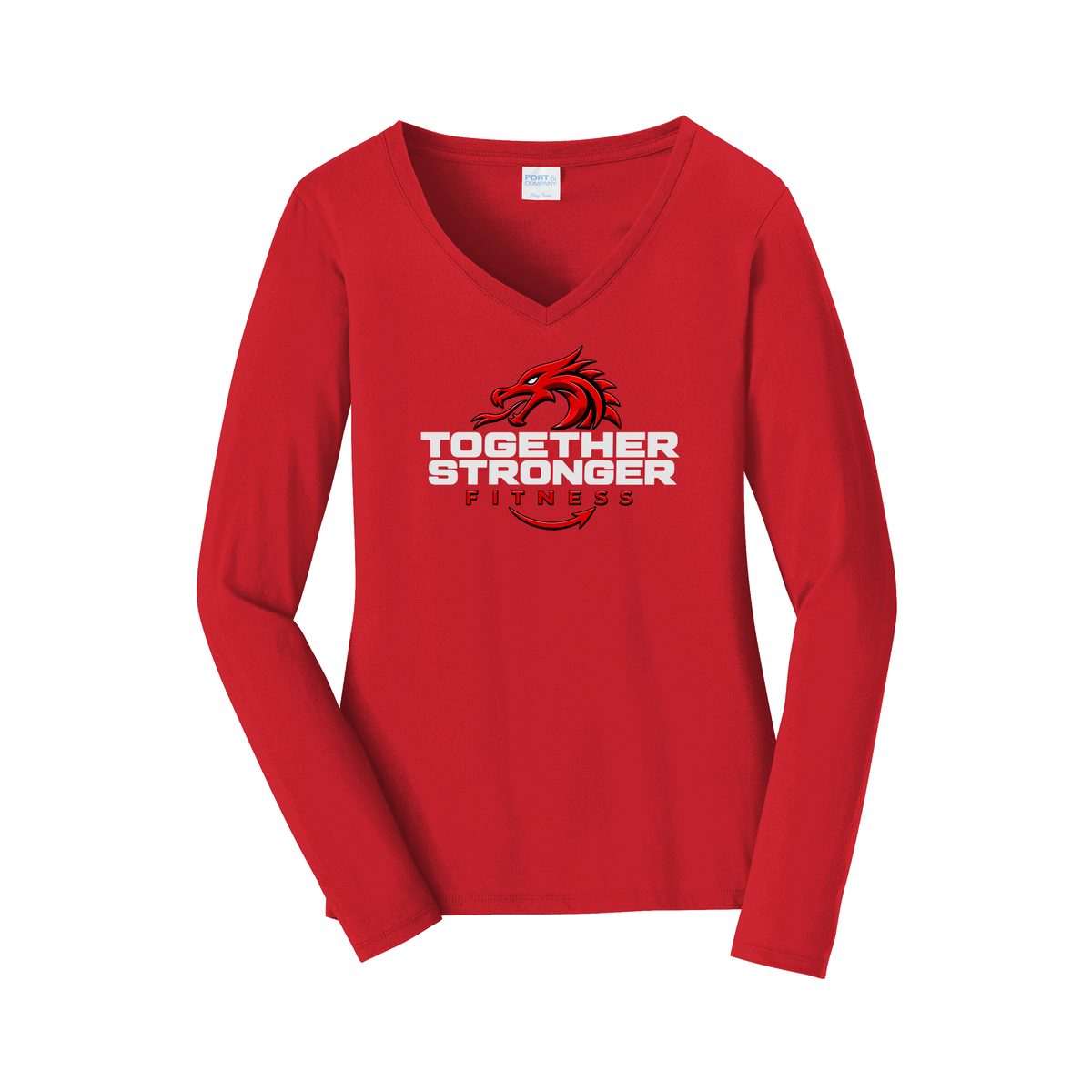 togetherstrongerfitness-womens-long-sleeve-v-neck-dtf-front-LPC450VLS-brightred-flat-front