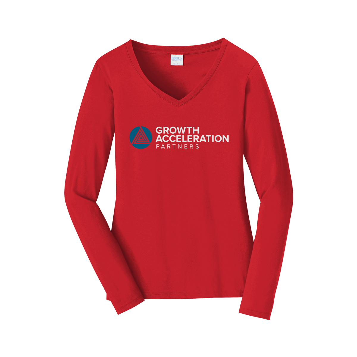 growthaccelerationpartners-womens-long-sleeve-v-neck-dtf-front-LPC450VLS-brightred-flat-front