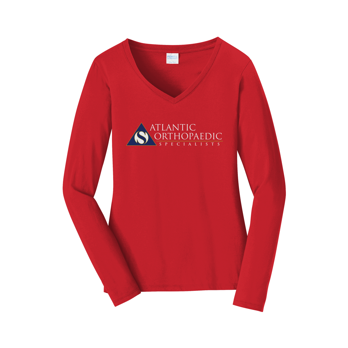 atlanticortho-womens-long-sleeve-v-neck-dtf-front-LPC450VLS-brightred-flat-front
