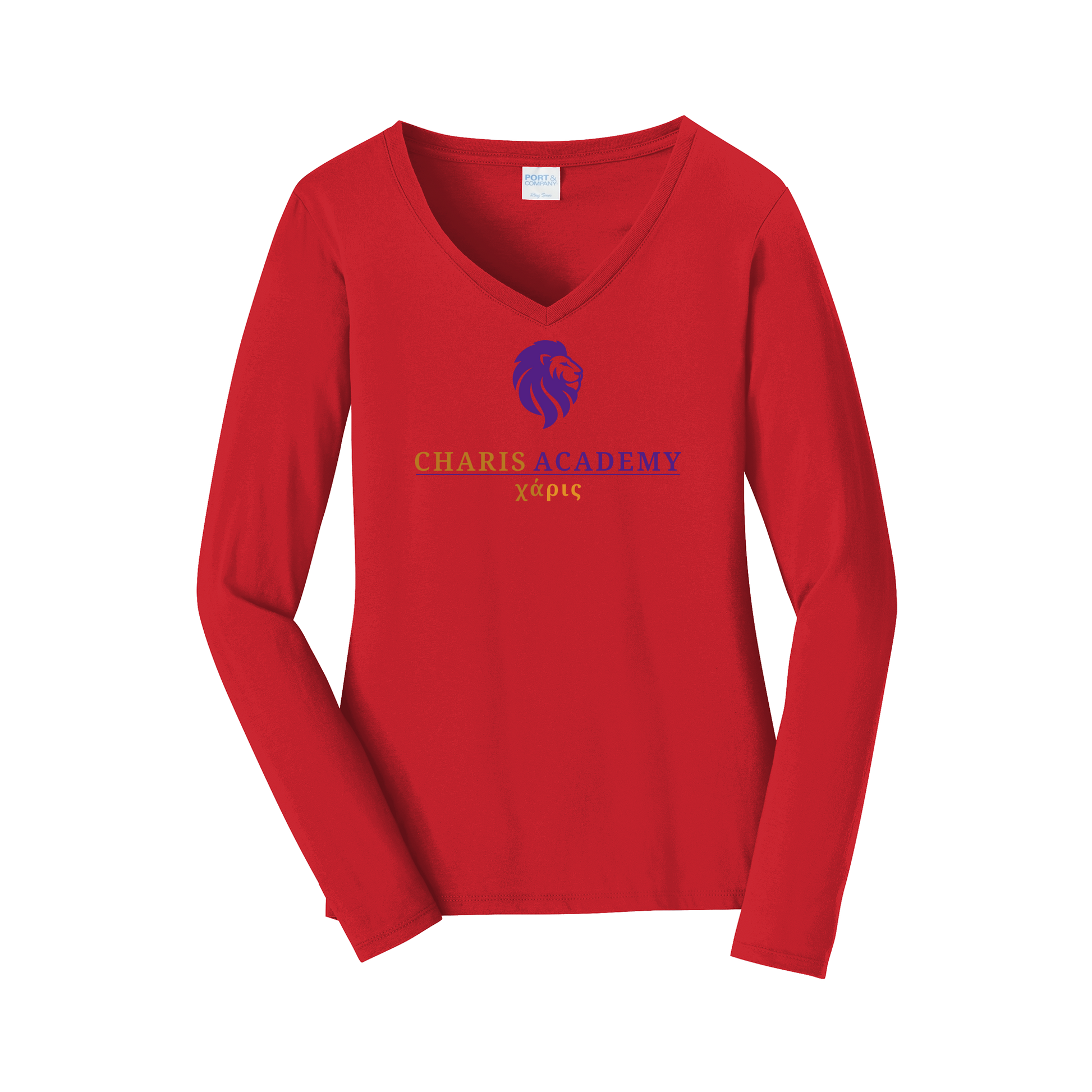 cahazleton-womens-long-sleeve-v-neck-dtf-front-LPC450VLS-brightred-flat-front