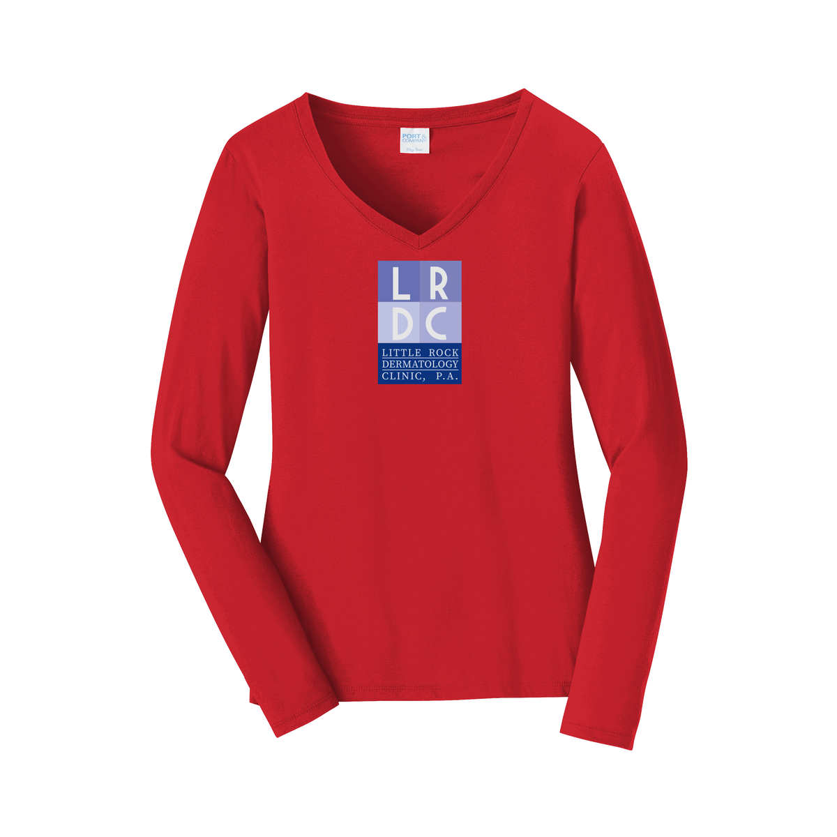 littlerockdermatology-womens-long-sleeve-v-neck-dtf-front-LPC450VLS-brightred-flat-front
