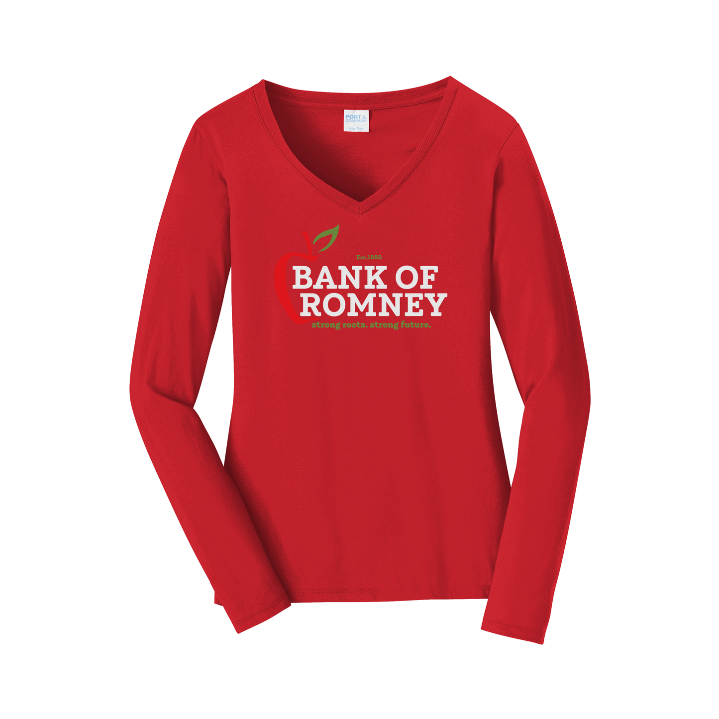 bankofromney-womens-long-sleeve-v-neck-dtf-front-LPC450VLS-brightred-flat-front