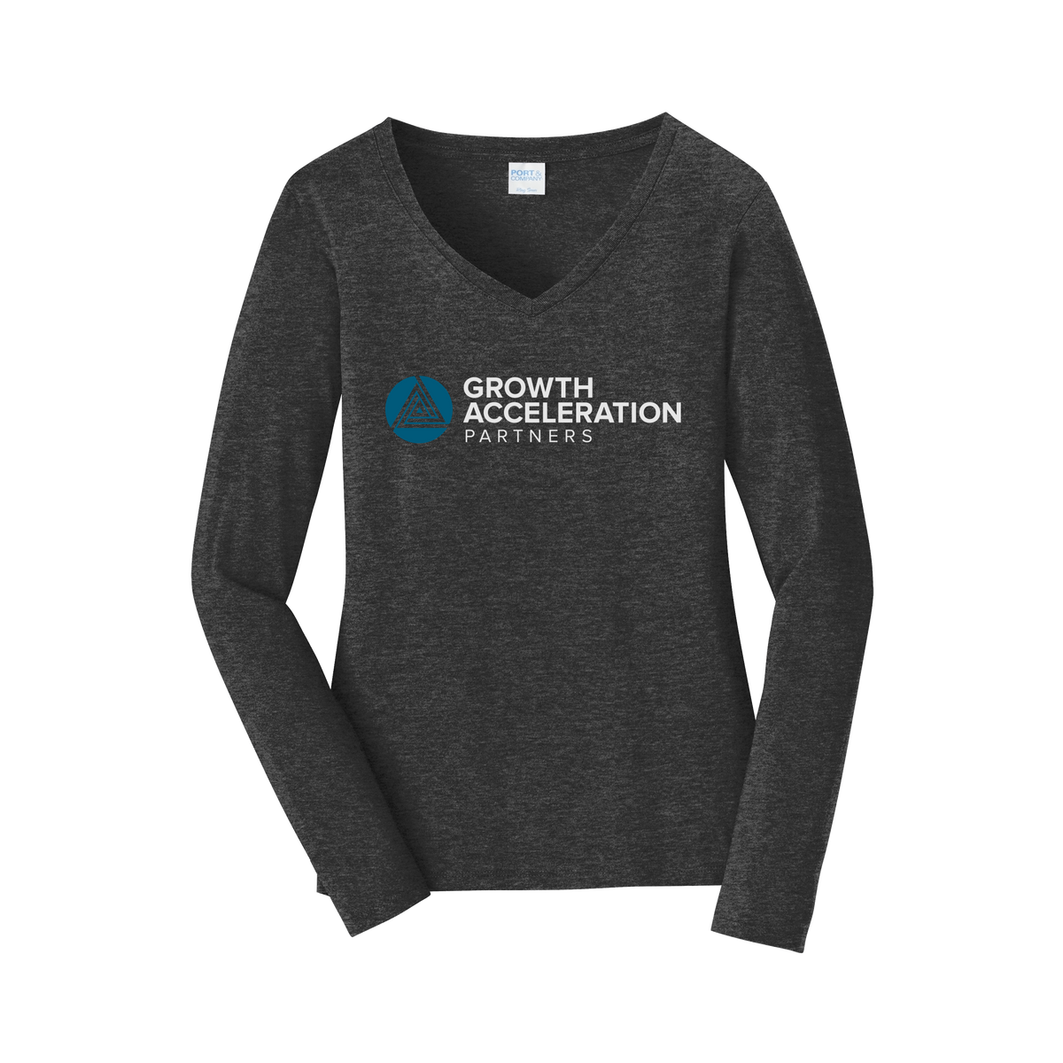 growthaccelerationpartners-womens-long-sleeve-v-neck-dtf-front-LPC450VLS-darkheathergrey-flat-front