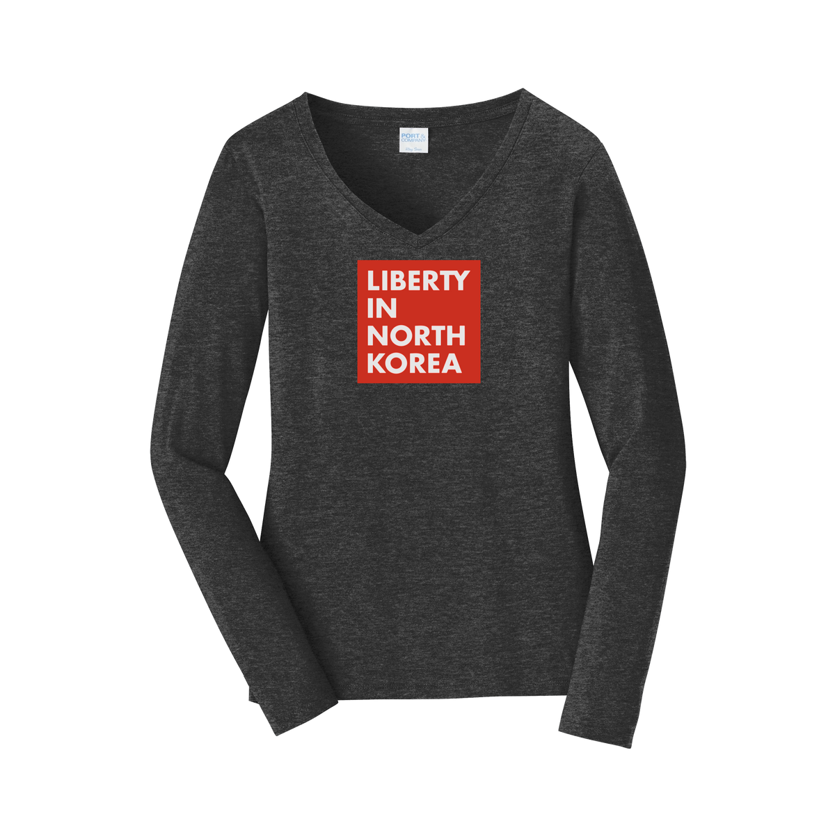 libertyinnorthkorea-womens-long-sleeve-v-neck-dtf-front-LPC450VLS-darkheathergrey-flat-front