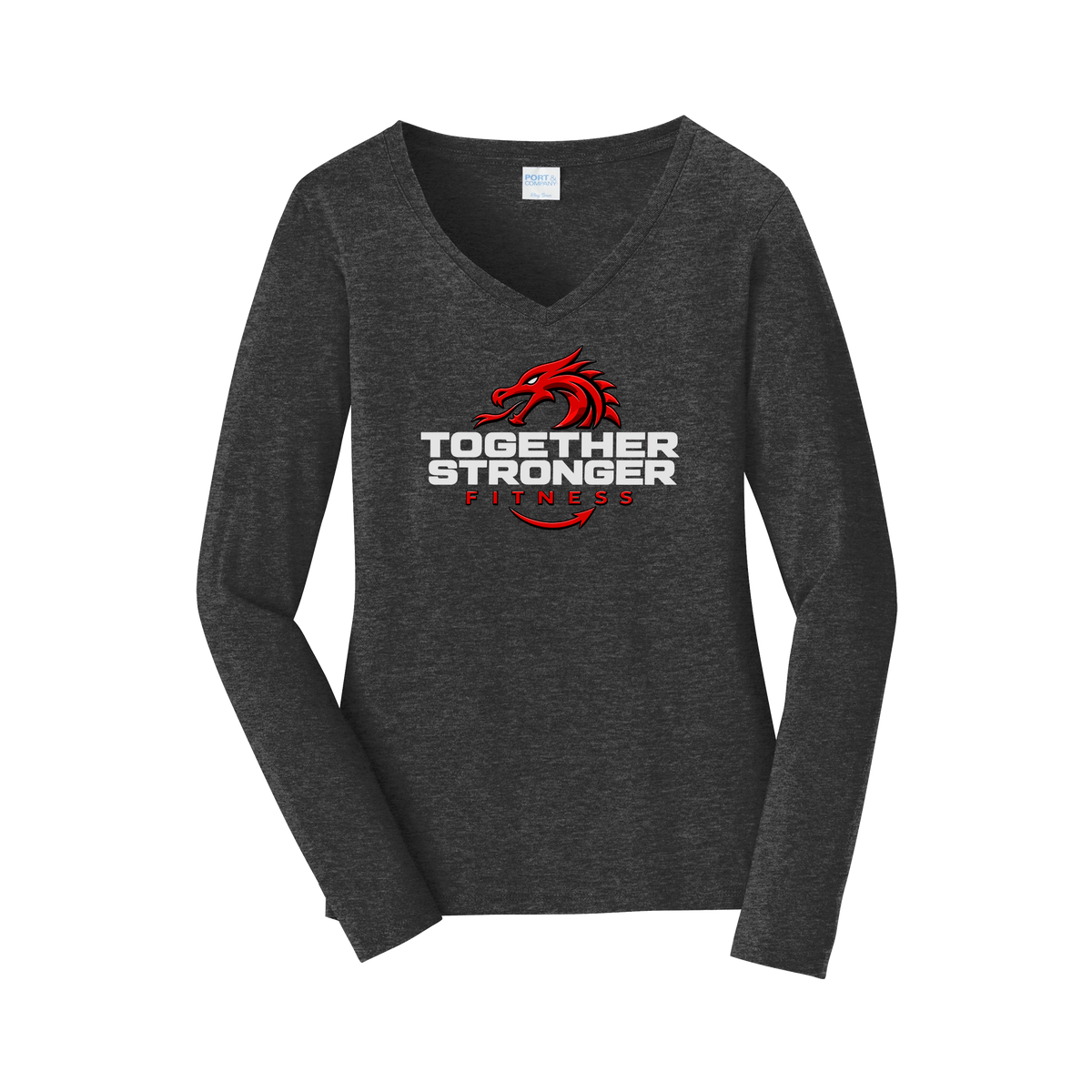 togetherstrongerfitness-womens-long-sleeve-v-neck-dtf-front-LPC450VLS-darkheathergrey-flat-front