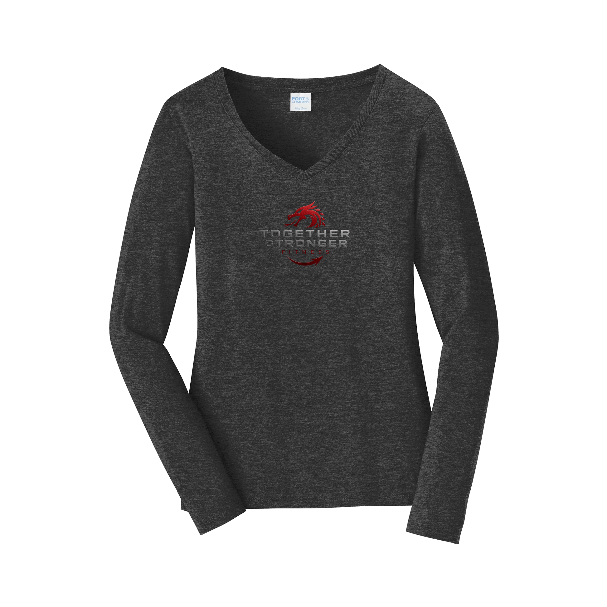 togetherstrongerfitness-womens-long-sleeve-v-neck-dtf-front-LPC450VLS-darkheathergrey-flat-front