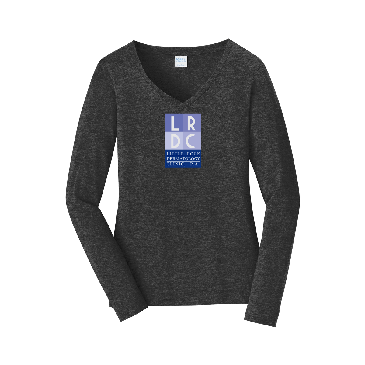 littlerockdermatology-womens-long-sleeve-v-neck-dtf-front-LPC450VLS-darkheathergrey-flat-front