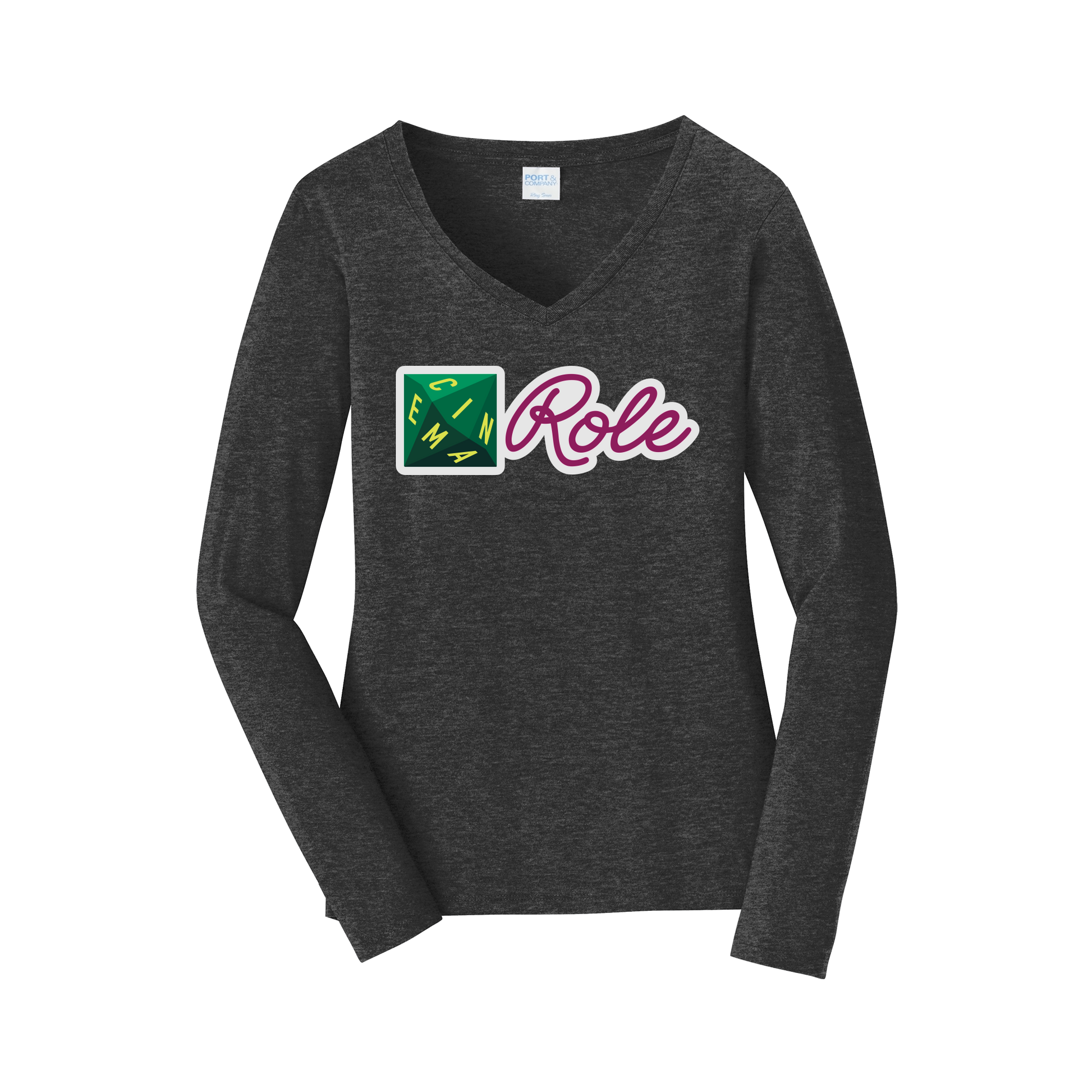 cinemarole-womens-long-sleeve-v-neck-dtf-front-LPC450VLS-darkheathergrey-flat-front