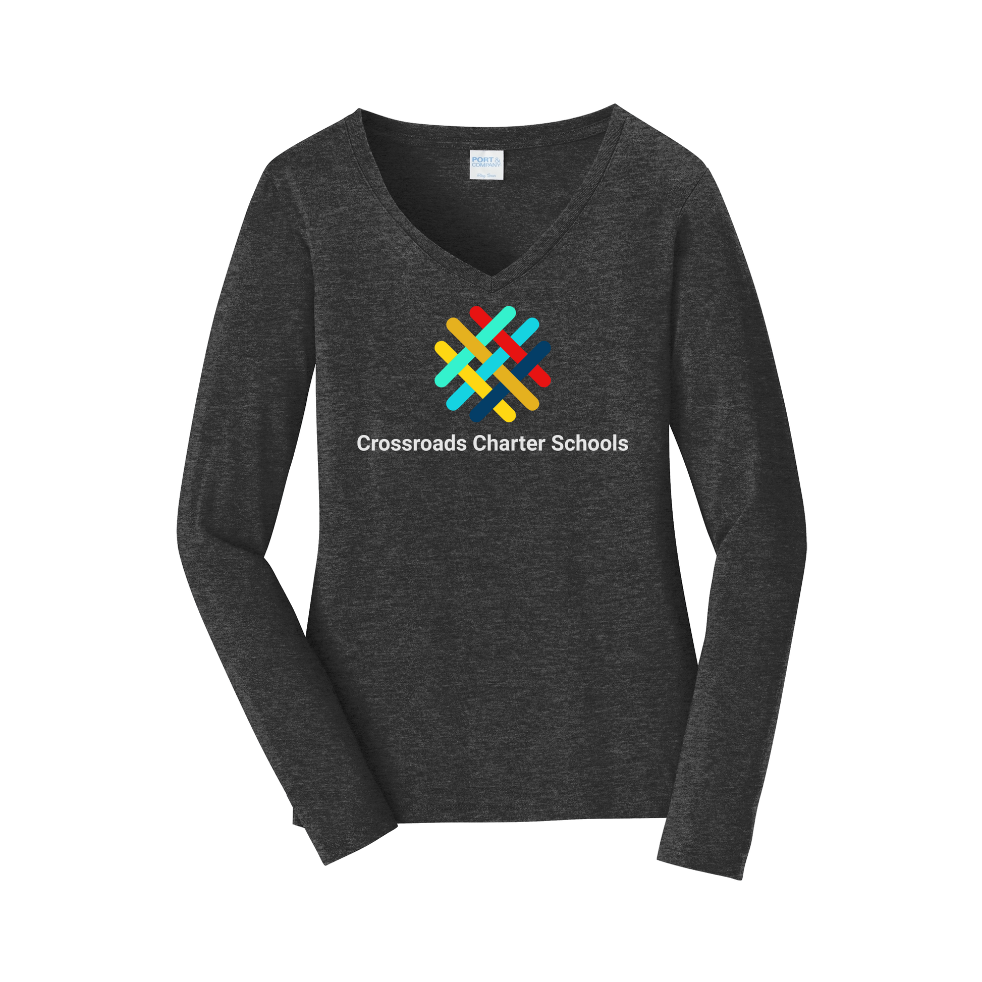 crossroadsschoolskc-womens-long-sleeve-v-neck-dtf-front-LPC450VLS-darkheathergrey-flat-front