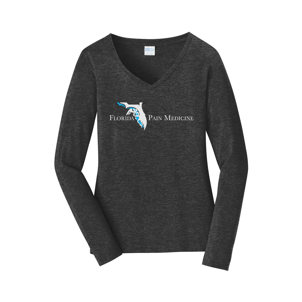 floridapainmedicine-womens-long-sleeve-v-neck-dtf-front-LPC450VLS-darkheathergrey-flat-front