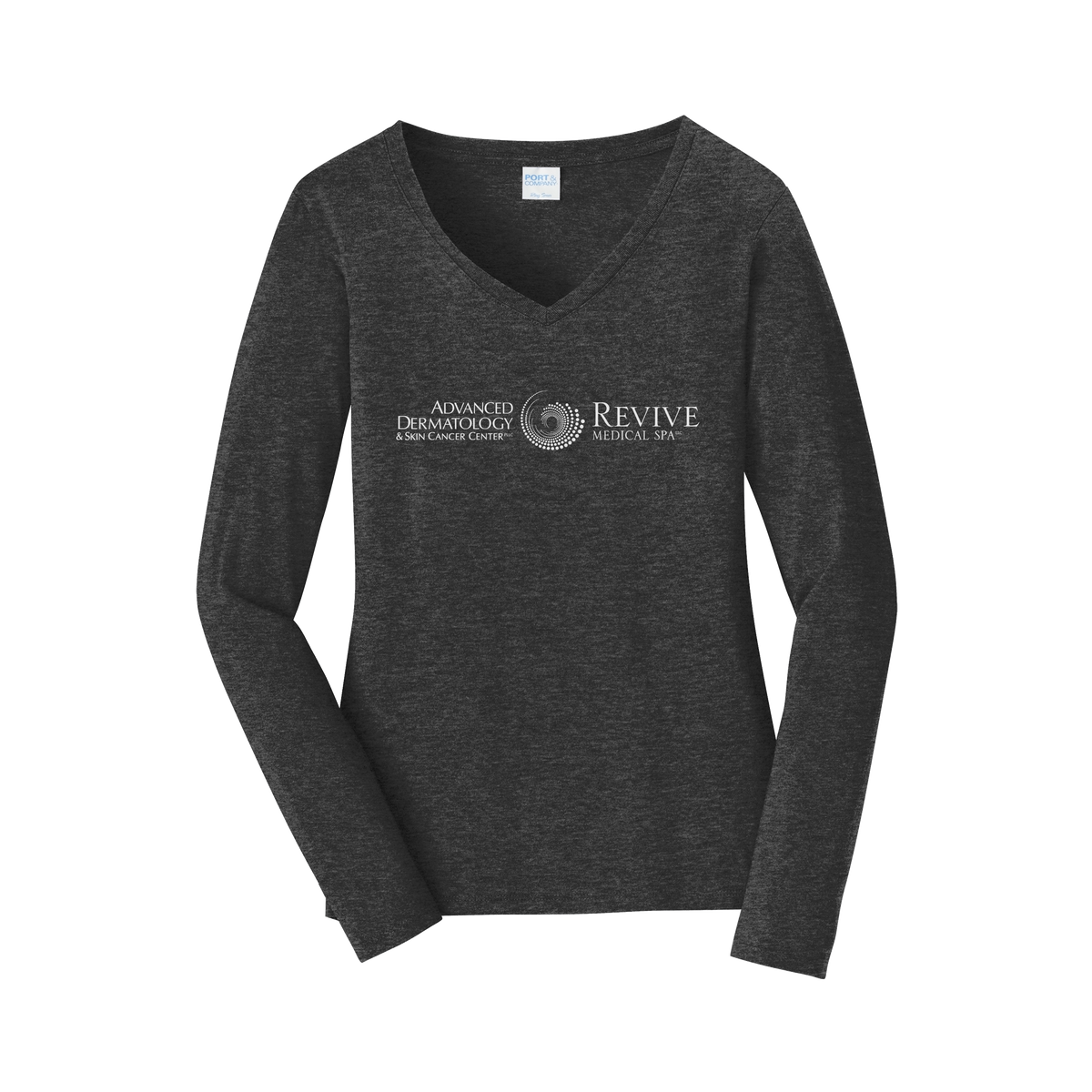 advancedskinmd-womens-long-sleeve-v-neck-dtf-front-LPC450VLS-darkheathergrey-flat-front