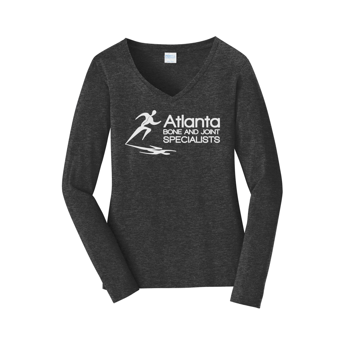 atlantaboneandjoint-womens-long-sleeve-v-neck-dtf-front-LPC450VLS-darkheathergrey-flat-front