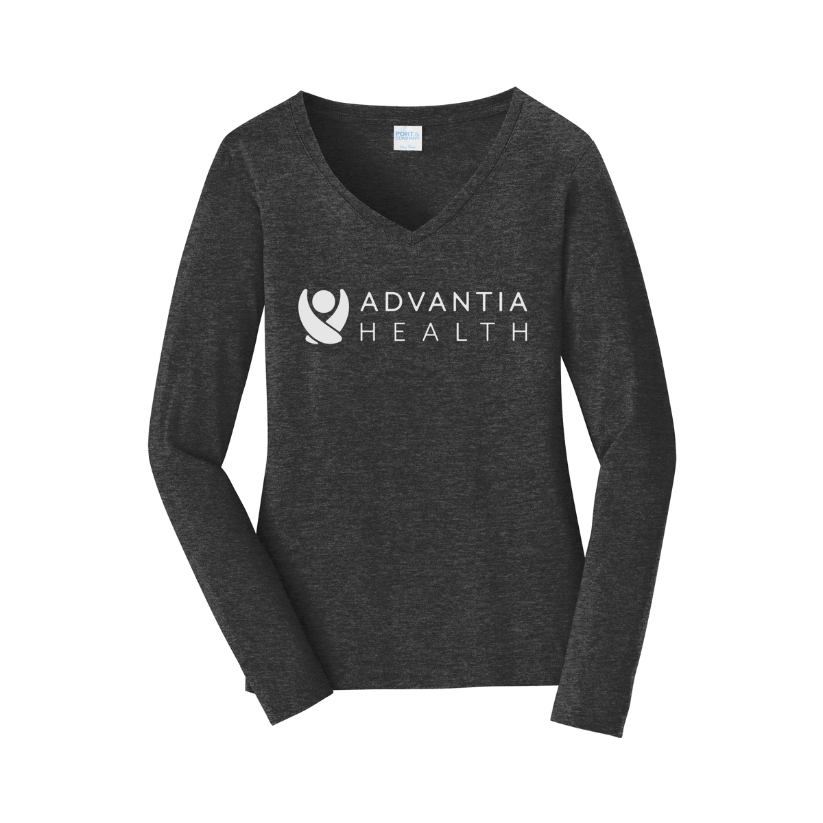 advantiahealth-womens-long-sleeve-v-neck-dtf-front-LPC450VLS-darkheathergrey-flat-front