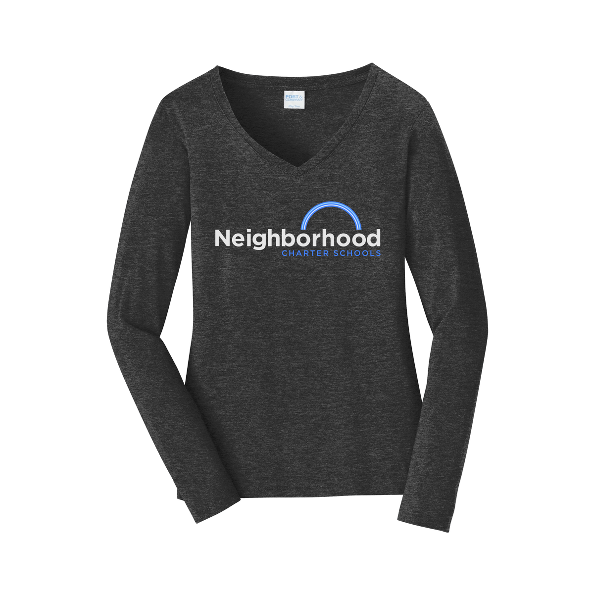 ncschools-womens-long-sleeve-v-neck-dtf-front-LPC450VLS-darkheathergrey-flat-front