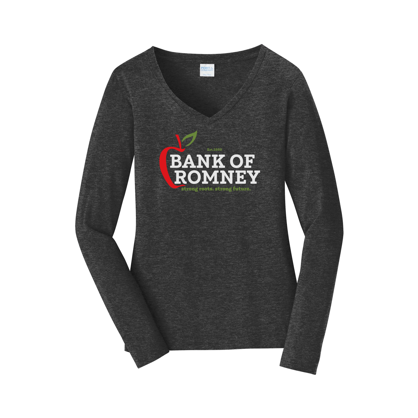 bankofromney-womens-long-sleeve-v-neck-dtf-front-LPC450VLS-darkheathergrey-flat-front