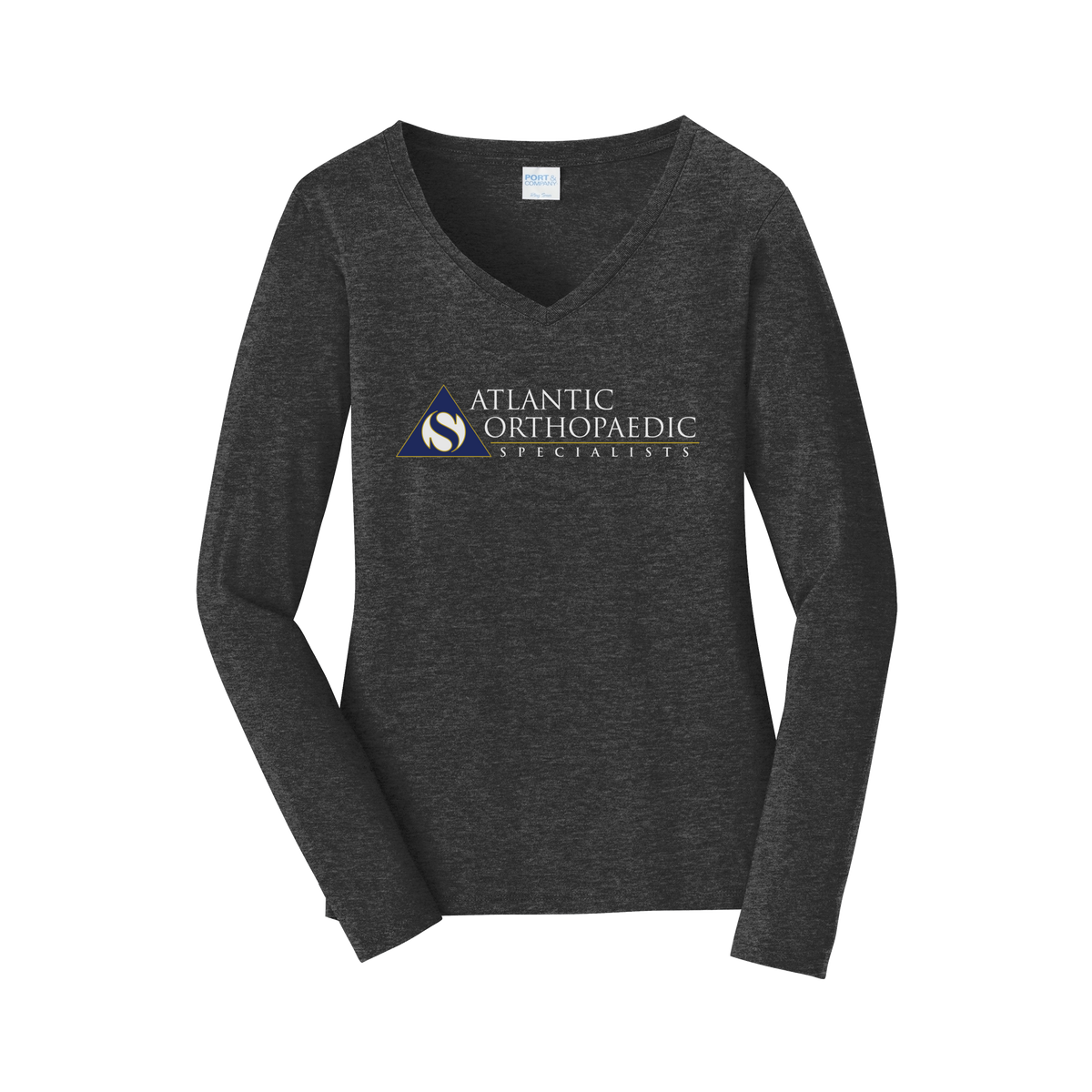 atlanticortho-womens-long-sleeve-v-neck-dtf-front-LPC450VLS-darkheathergrey-flat-front