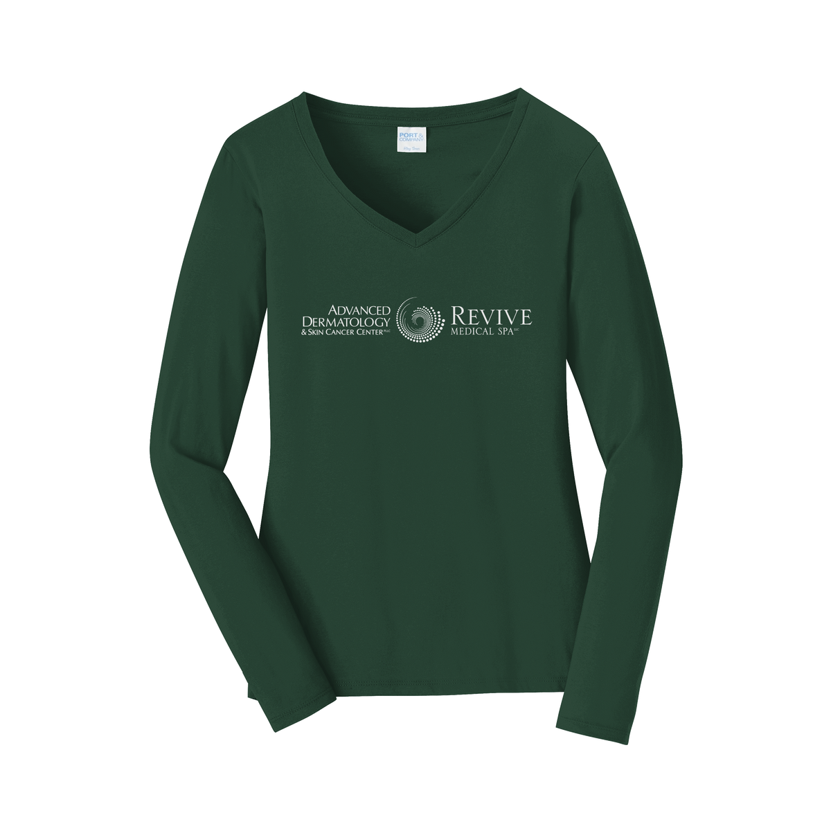 advancedskinmd-womens-long-sleeve-v-neck-dtf-front-LPC450VLS-forestgreen-flat-front