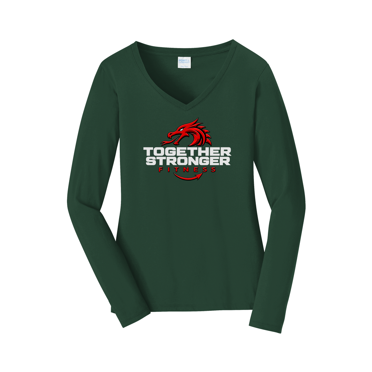 togetherstrongerfitness-womens-long-sleeve-v-neck-dtf-front-LPC450VLS-forestgreen-flat-front