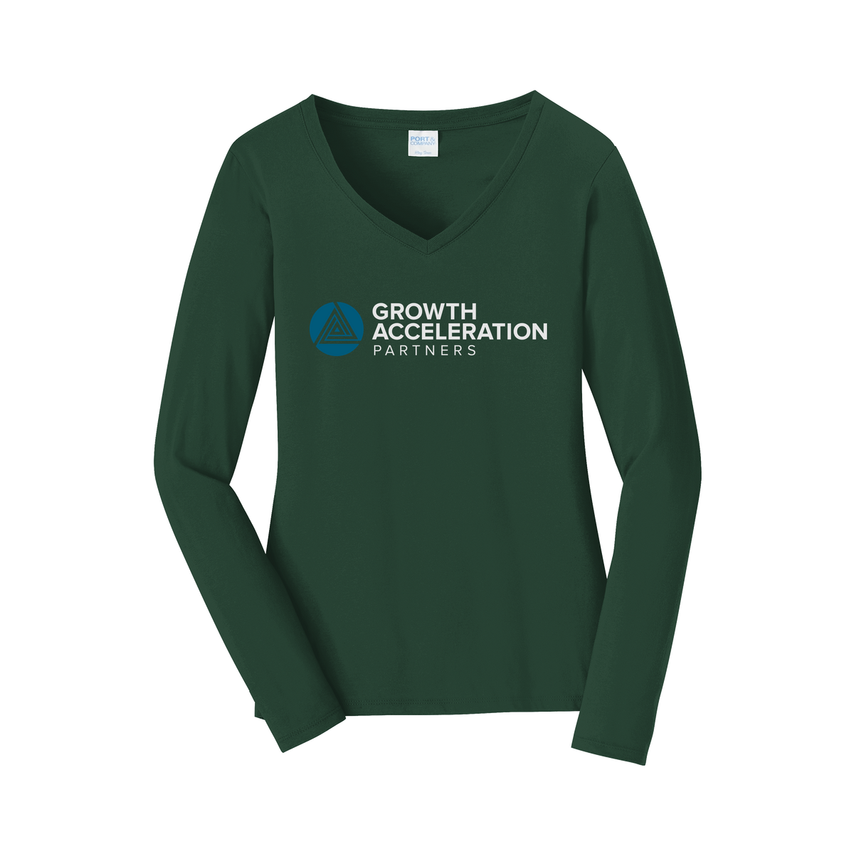 growthaccelerationpartners-womens-long-sleeve-v-neck-dtf-front-LPC450VLS-forestgreen-flat-front