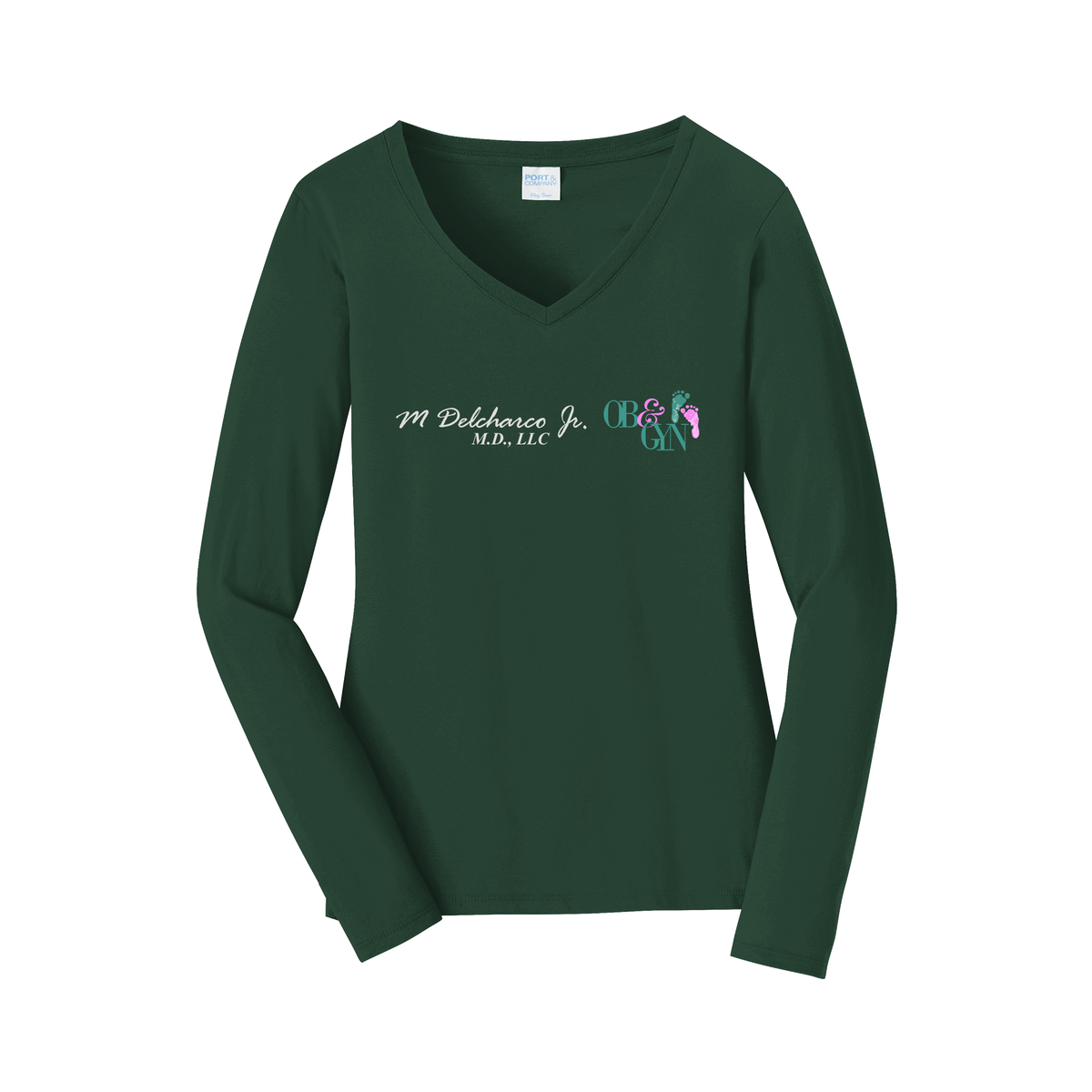 delcharco-womens-long-sleeve-v-neck-dtf-front-LPC450VLS-forestgreen-flat-front