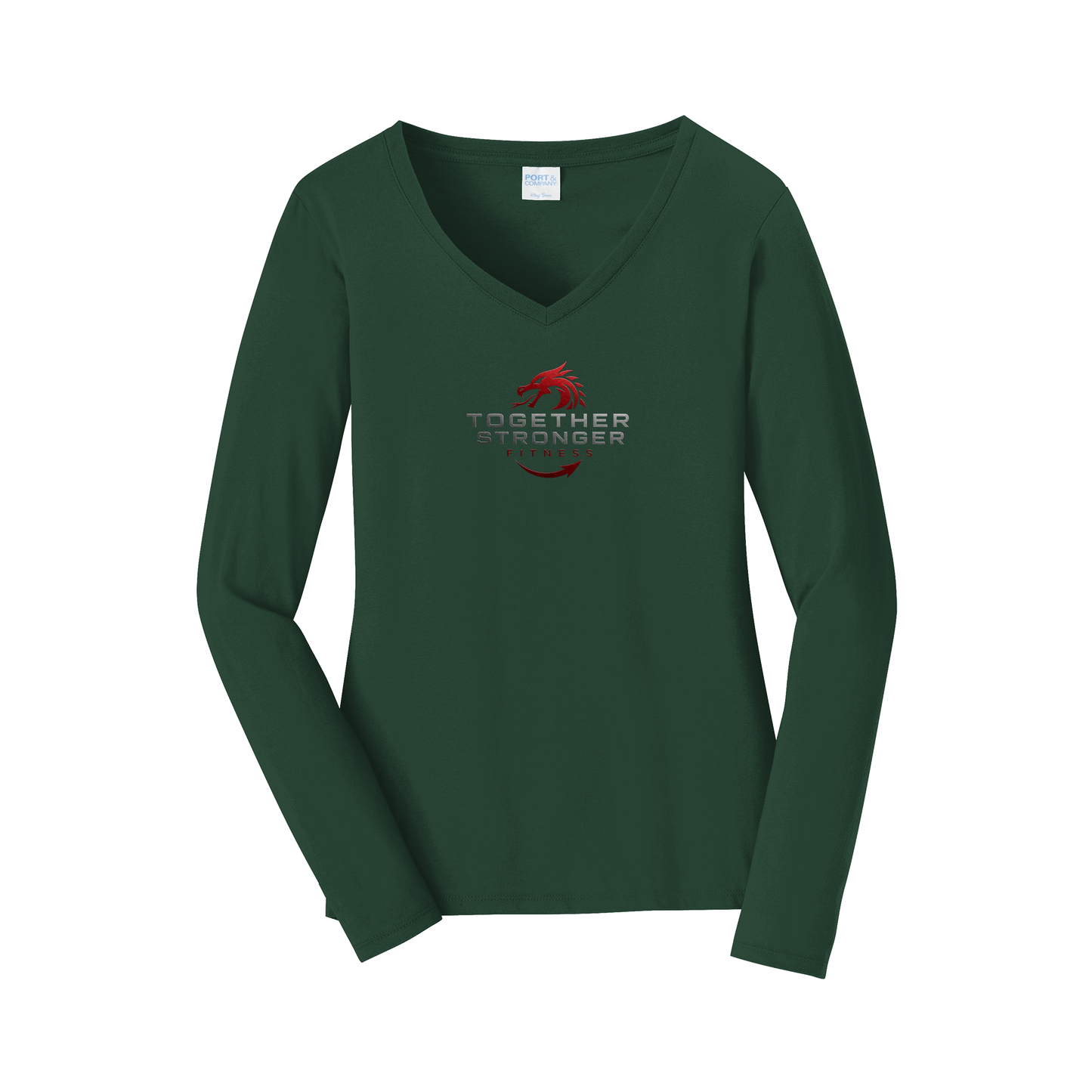 togetherstrongerfitness-womens-long-sleeve-v-neck-dtf-front-LPC450VLS-forestgreen-flat-front