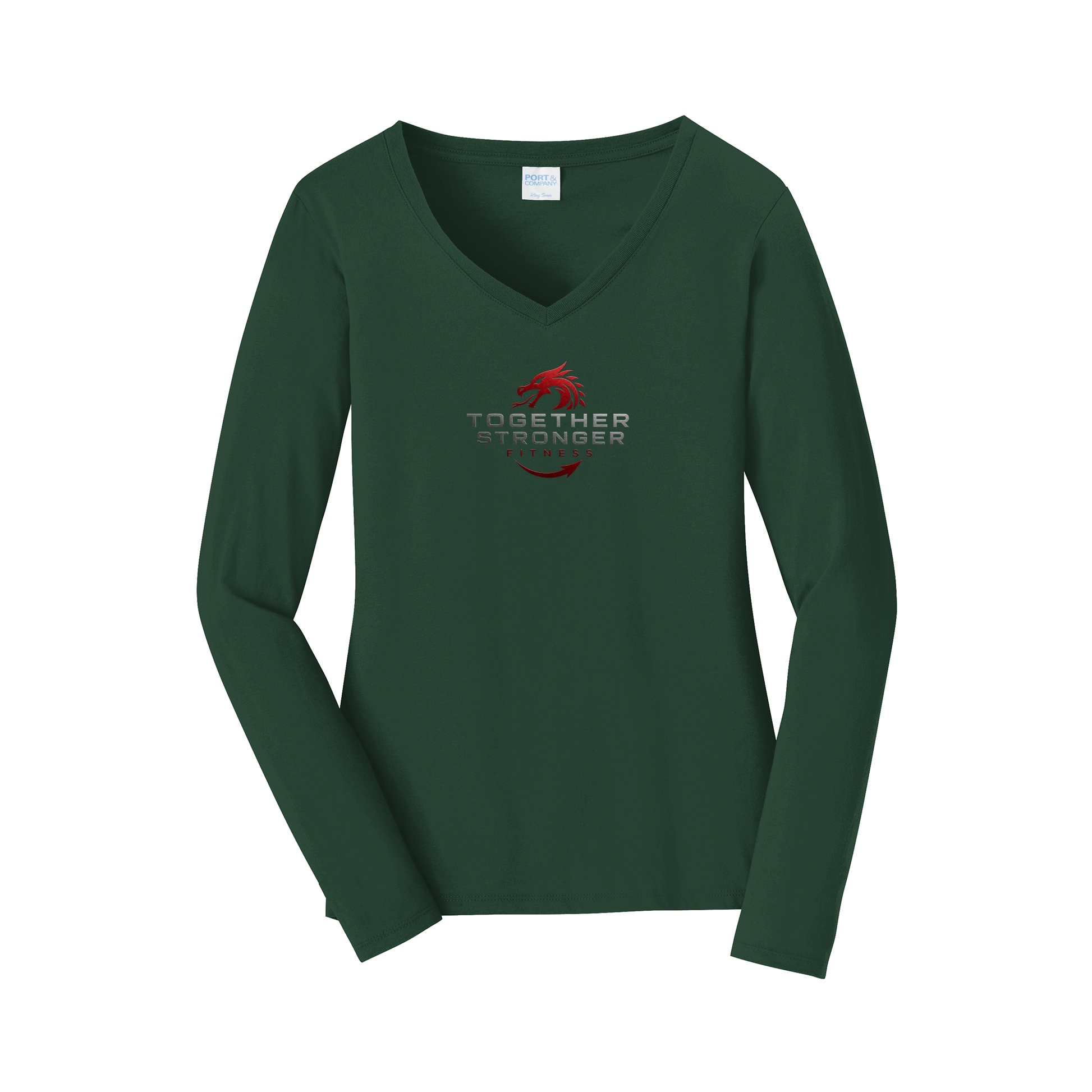 togetherstrongerfitness-womens-long-sleeve-v-neck-dtf-front-LPC450VLS-forestgreen-flat-front