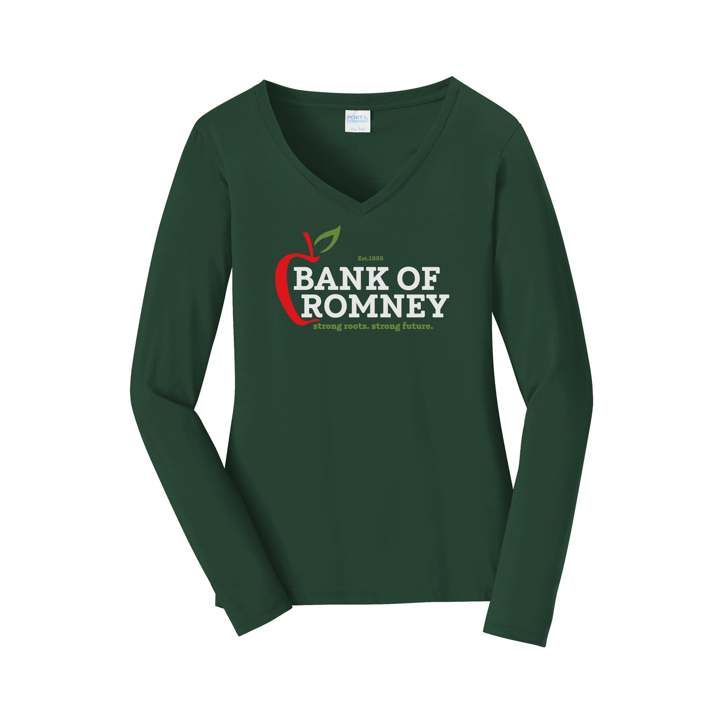 bankofromney-womens-long-sleeve-v-neck-dtf-front-LPC450VLS-forestgreen-flat-front