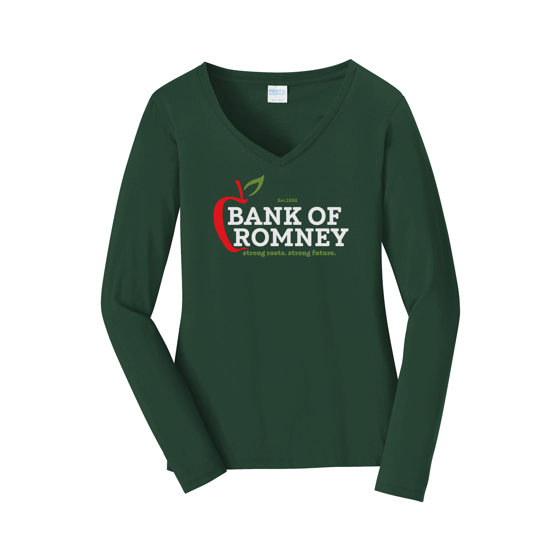 bankofromney-womens-long-sleeve-v-neck-dtf-front-LPC450VLS-forestgreen-flat-front