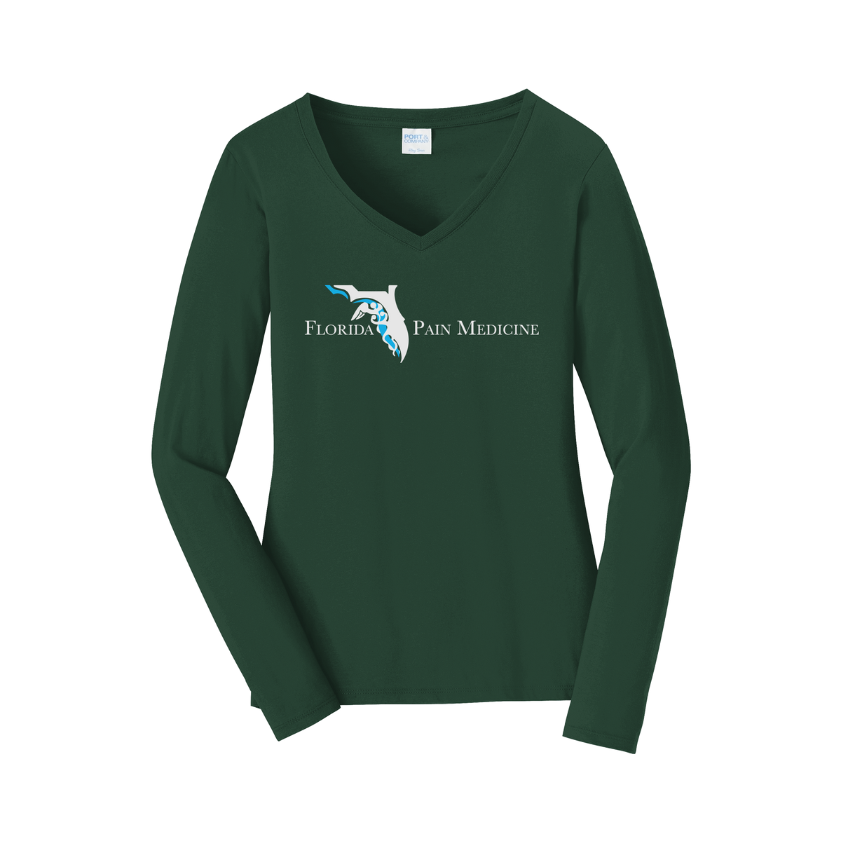 floridapainmedicine-womens-long-sleeve-v-neck-dtf-front-LPC450VLS-forestgreen-flat-front