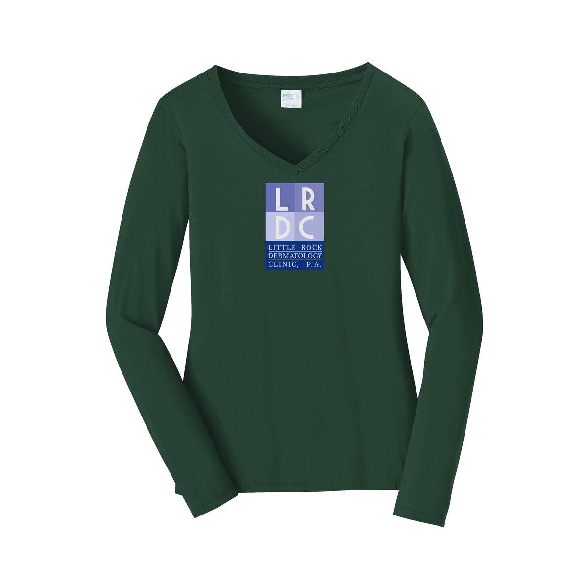 littlerockdermatology-womens-long-sleeve-v-neck-dtf-front-LPC450VLS-forestgreen-flat-front