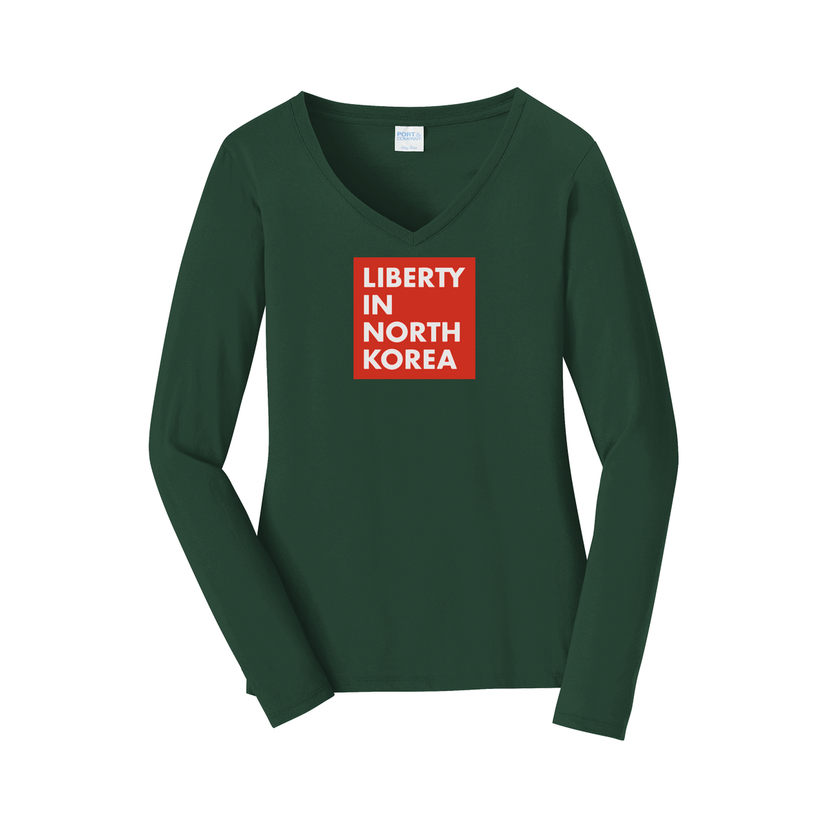 libertyinnorthkorea-womens-long-sleeve-v-neck-dtf-front-LPC450VLS-forestgreen-flat-front
