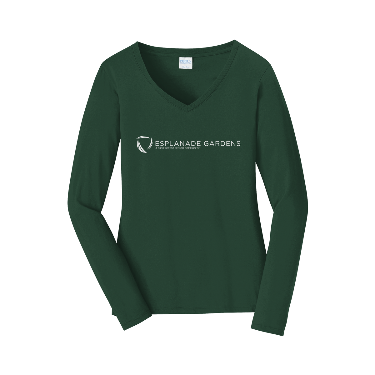 esplanadeseniorcampus-womens-long-sleeve-v-neck-dtf-front-LPC450VLS-forestgreen-flat-front