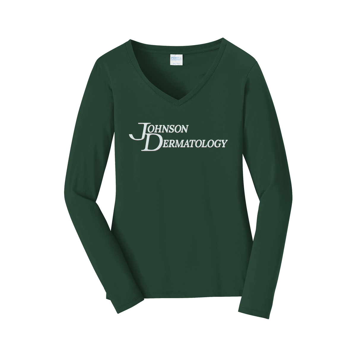 johnsondermatology-womens-long-sleeve-v-neck-dtf-front-LPC450VLS-forestgreen-flat-front