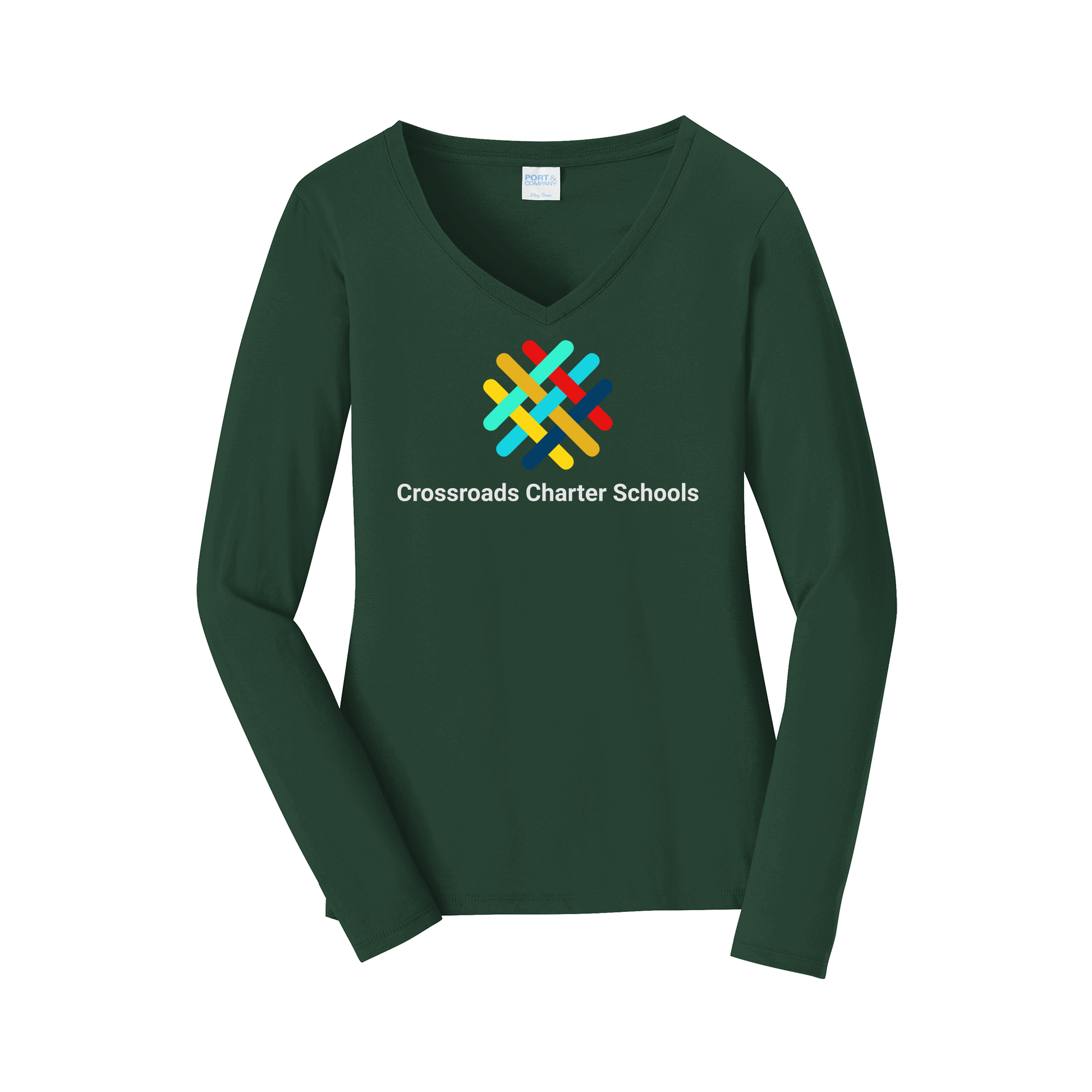 crossroadsschoolskc-womens-long-sleeve-v-neck-dtf-front-LPC450VLS-forestgreen-flat-front