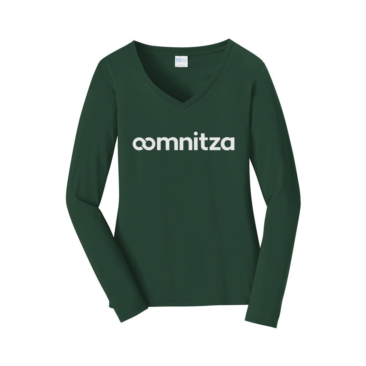oomnitza-womens-long-sleeve-v-neck-dtf-front-LPC450VLS-forestgreen-flat-front